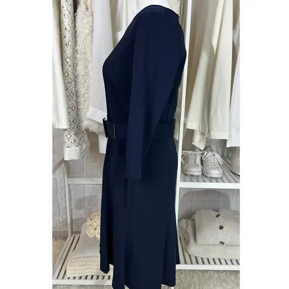 Calvin Klein Women's Sz 6 Navy Scuba Crepe 3/4 Sleeve Flounce Skirt Dress #0548 - Picture 3 of 11